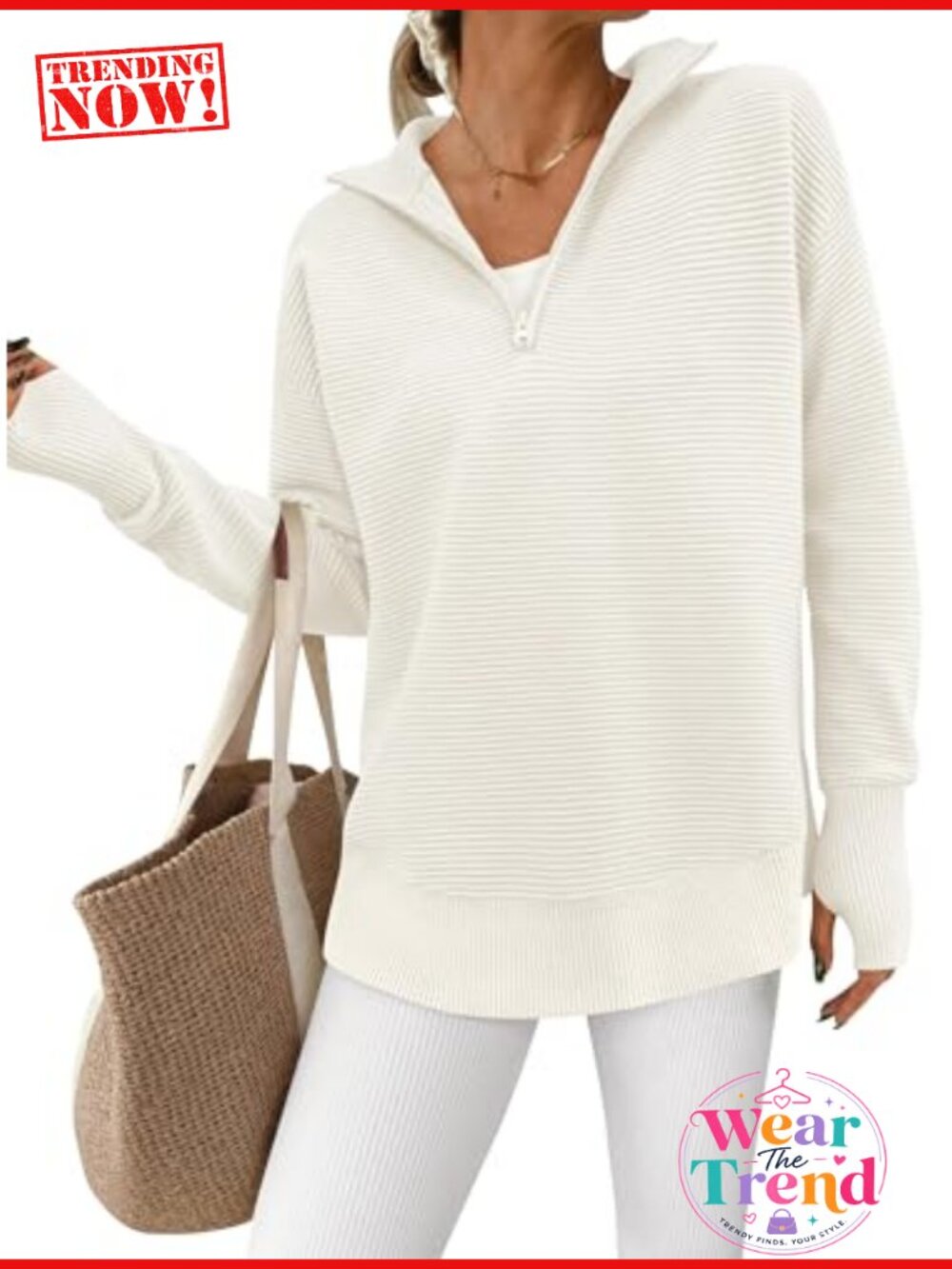 Womens Quarter Zip Pullover Sweater Ribbed Knit Thumbhole Loose Fit Long Sleeve